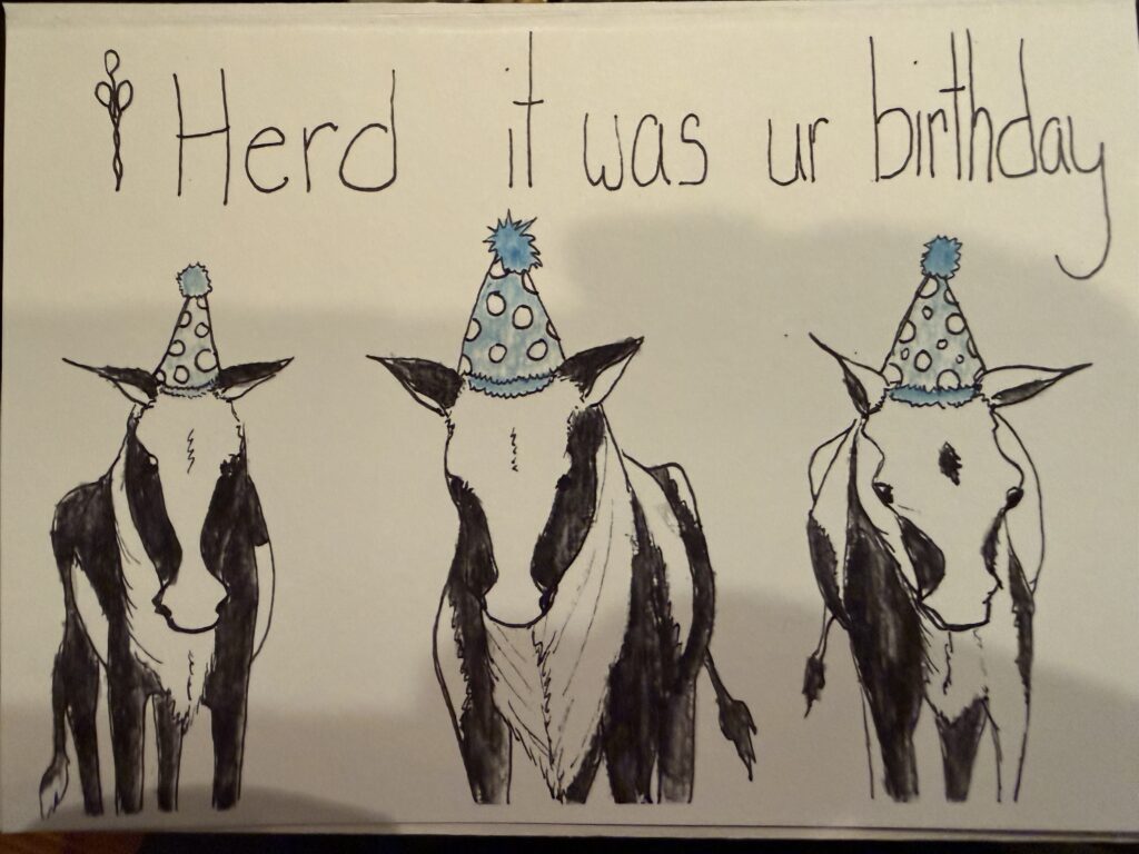 Three illustrated cows wearing colorful party hats, alongside the playful text, "Herd it was ur birthday," celebrating a birthday in a humorous way.