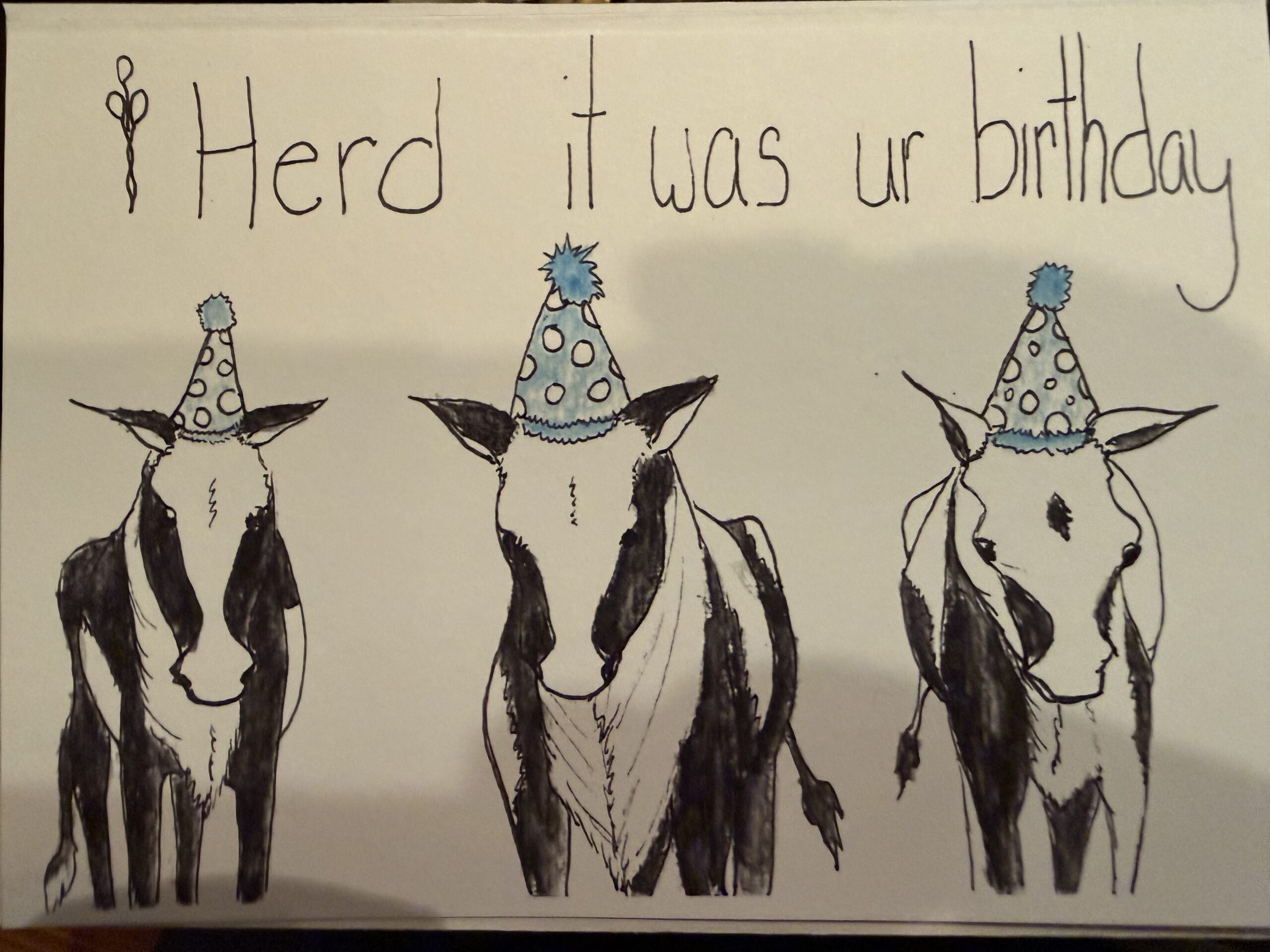 Three illustrated cows wearing colorful party hats, alongside the playful text, "Herd it was ur birthday," celebrating a birthday in a humorous way.