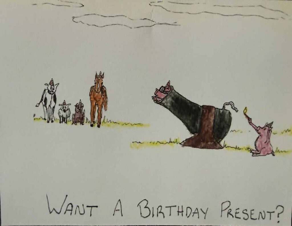 Handmade birthday card featuring farm animals