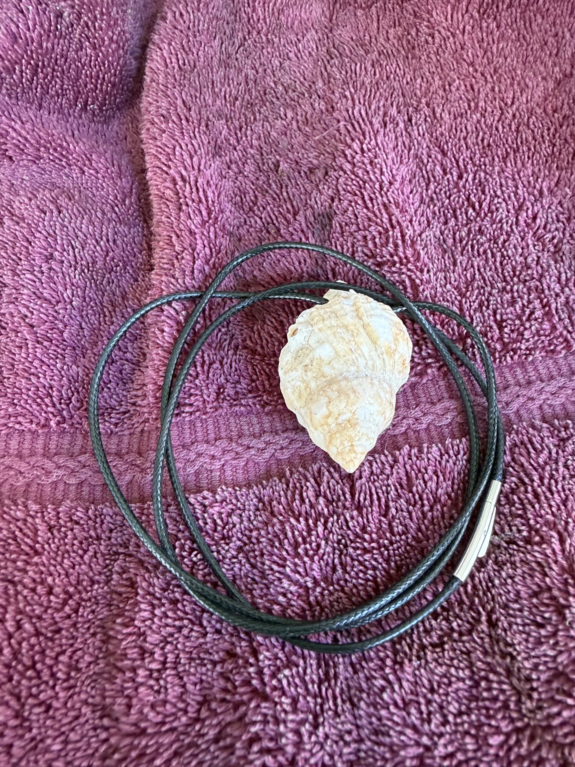 Shell resting on a purple towel, with a black cord coiled around it. The image highlights natural textures and suggests a crafting or decorative context.