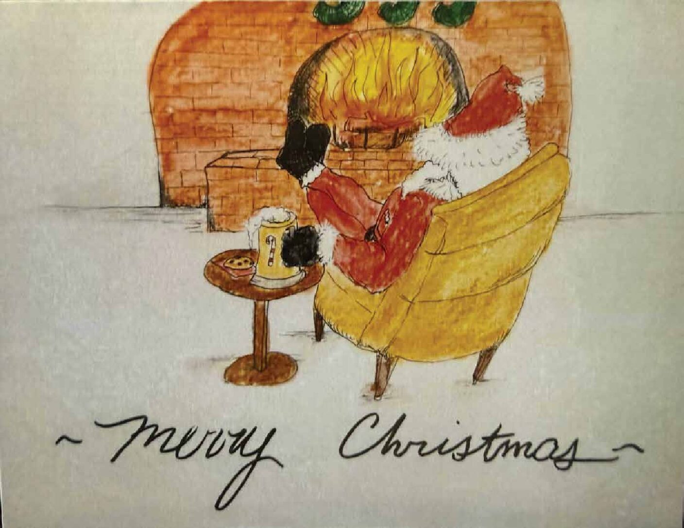 Santa by Fire Christmas Card