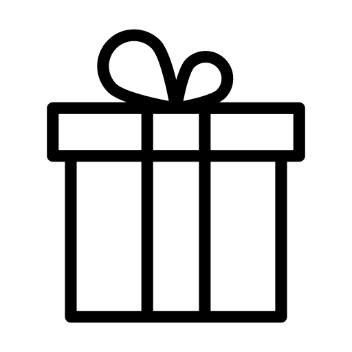 A black outline of a gift box with a ribbon, representing celebrations, gift-giving, and special occasions.