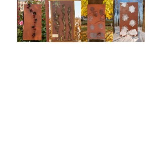 Five panels display artistic representations of various plants and leaves, showcasing textures and forms in a nature-inspired installation.