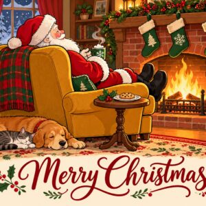 Santa by Fire Christmas Card front - Morse’s Art Gallery
