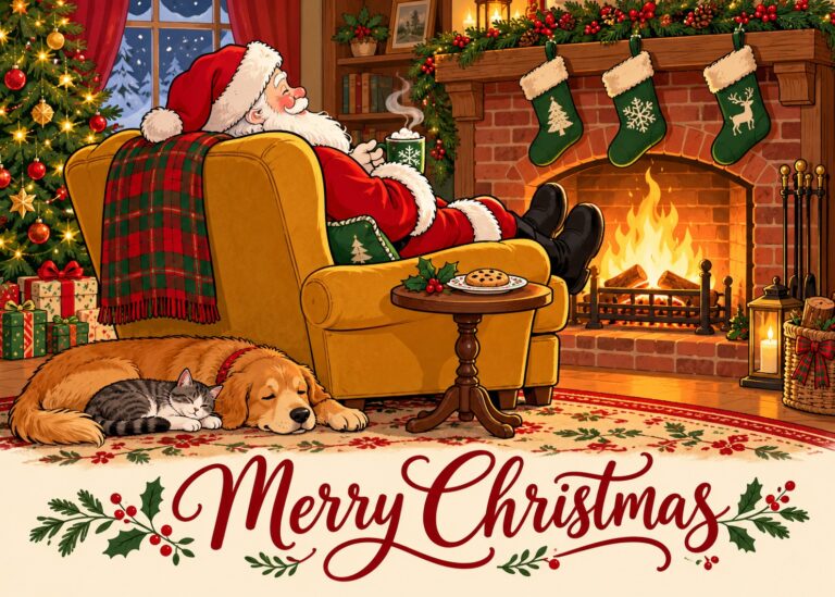Santa by Fire Christmas Card front - Morse’s Art Gallery